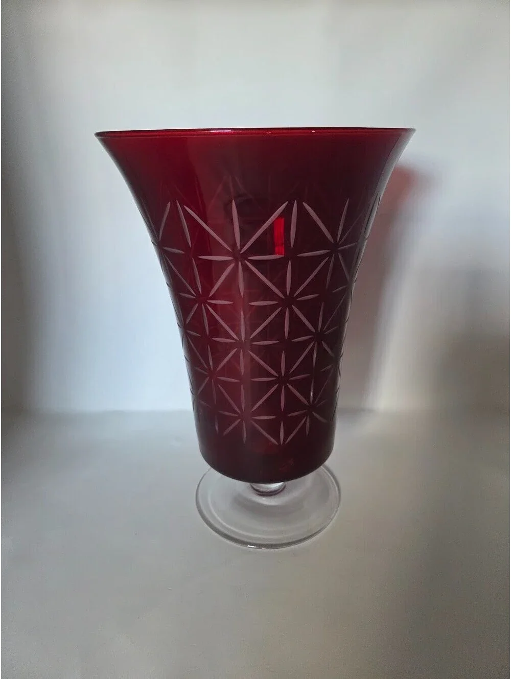 Red Cut-to-Clear Glass Vase with Etched Geometric Pattern and Clear Pedestal